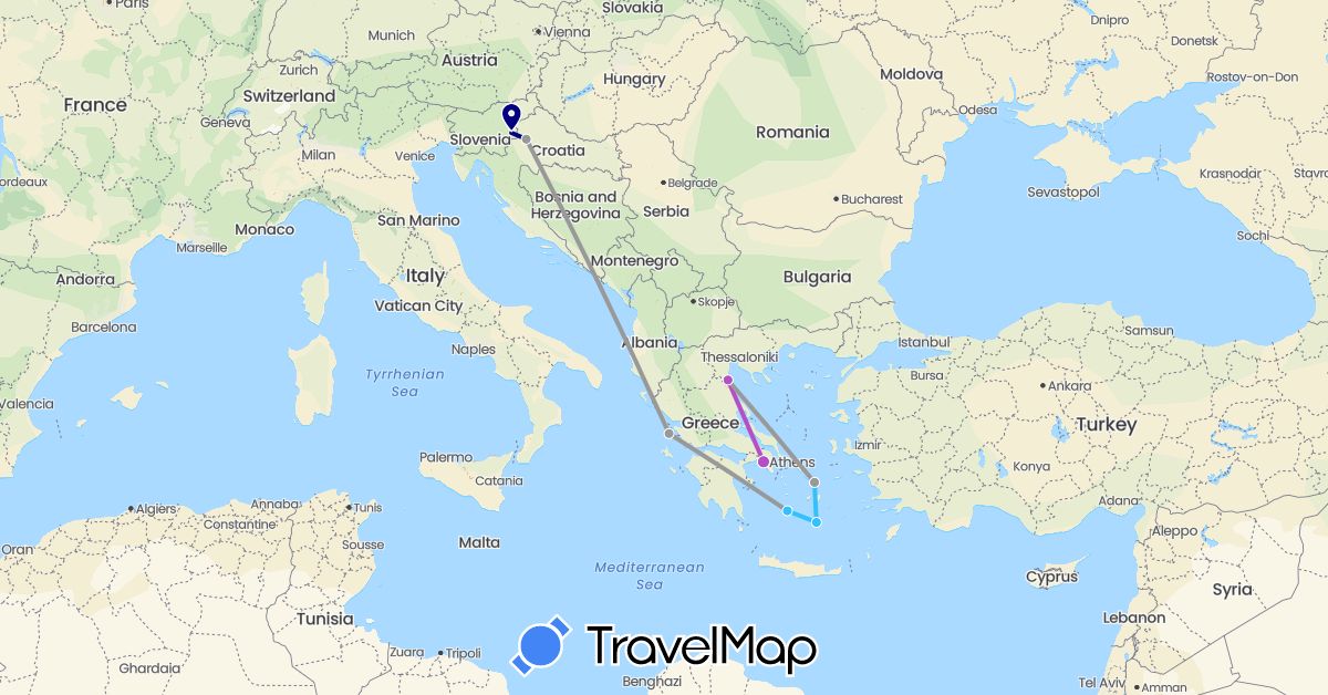 TravelMap itinerary: driving, plane, train, boat in Greece, Croatia, Slovenia (Europe)